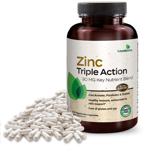 Futurebiotics Zinc Triple Action 30mg Key Nutrient Blend Immune Support Zinc Supplement with Zinc Acetate, Picolinate & Orotate - Immune, Antioxidant & Skin Health Support - 150 Vegetarian Capsules