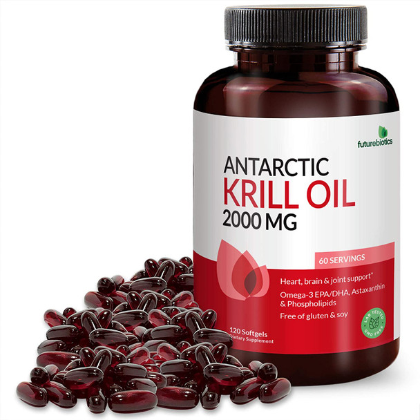 Futurebiotics Antarctic Krill Oil 2000mg with Astaxanthin, Omega-3s EPA, DHA and Phospholipids - 100% Pure Premium Krill Oil Heavy Metal Tested, Non GMO  120 Softgels Futurebiotics Antarctic Krill Oil 2000mg with Astaxanthin, Omega-3s EPA, DHA and Phospholipids - 100% Pure Premium Krill Oil Heavy Metal Tested, Non GMO  120 Softgels