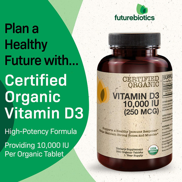 Futurebiotics Vitamin D3 10,000 IU (250 MCG) Supports a Healthy Immune Response, Helps Maintain Strong Bones and Muscles, 360 Organic Tablets