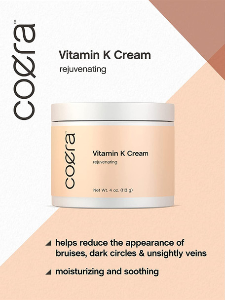 Vitamin K Cream 4 oz | Premium Formula for Bruises, Spider Veins, Dark Circles, Broken Capillaries, Eyes, and Face | Paraben and SLS Free | by Coera