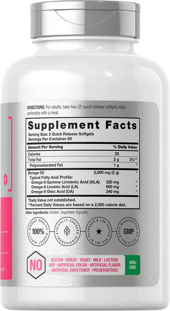 Borage Oil Capsules 2000 mg | 120 Softgels | 380mg of GLA | Cold Pressed Seed Oil Supplement | by Horbaach