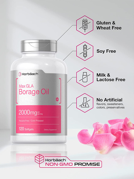 Borage Oil Capsules 2000 mg | 120 Softgels | 380mg of GLA | Cold Pressed Seed Oil Supplement | by Horbaach