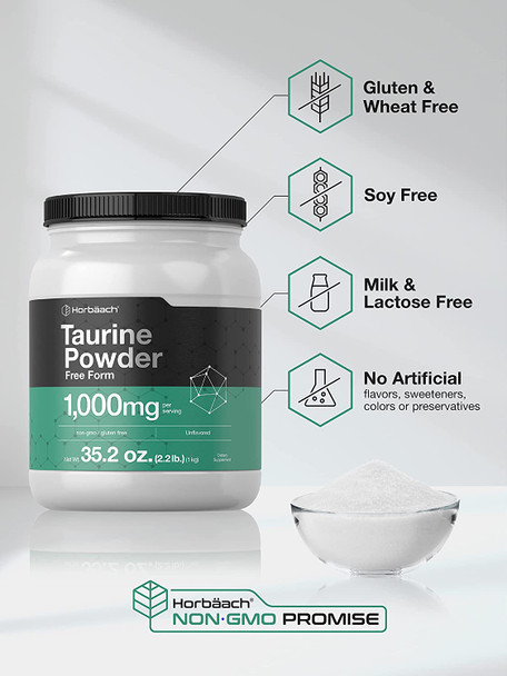 Taurine Powder | 1000mg | 35.2 Ounces | Unflavored | Vegetarian, Non-GMO, Gluten Free Supplement | by Horbaach