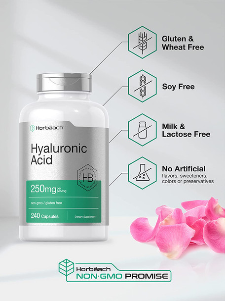 Hyaluronic Acid Capsules | 250 mg | 240 Count | Non-GMO and Gluten Free Supplement | by Horbaach