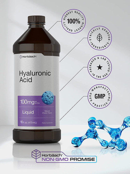 Liquid Hyaluronic Acid Supplement | 100 mg | 16 oz | Cherry Flavor | Non-GMO and Gluten Free Formula | by Horbaach