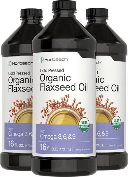 Organic Flaxseed Oil | 3 Pack | 16 fl oz Each | Cold Pressed | with Omega 3, 6, 9 | Vegetarian, Non-GMO, Gluten Free Liquid | by Horbaach