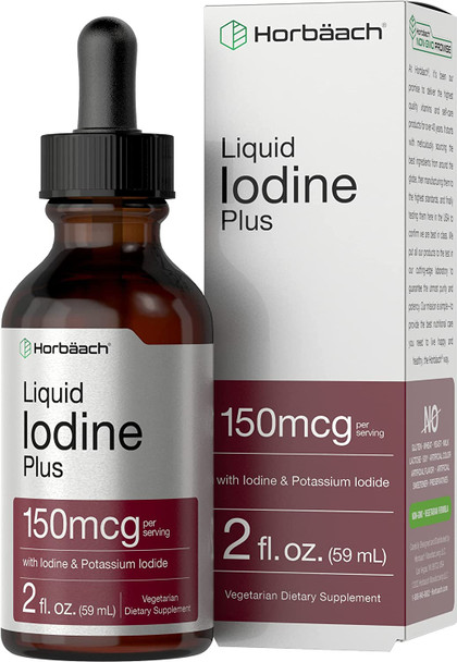 Liquid Iodine Solution Drops | 2 fl oz | 150 mcg | Iodine & Potassium Iodine Supplement | Vegetarian, Non-GMO, Gluten Free Liquid Tincture | by Horbaach