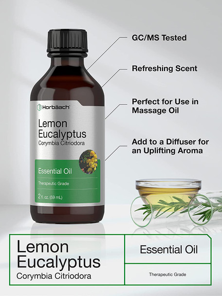Lemon Eucalyptus Essential Oil 2 oz | Natural, Undiluted, GC/MS Tested | from Lemon Eucalyptus Plant | by Horbaach