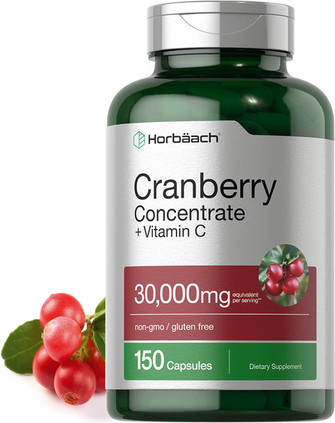 Cranberry Concentrate Extract + Vitamin C | 30,000mg | 150 Capsules | Triple Strength Ultimate Potency Formula | Non-GMO and Gluten Free Cranberry Pills Supplement | by Horbaach