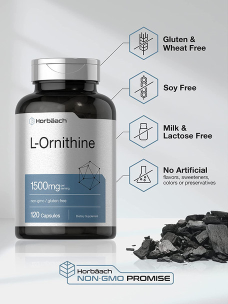 L-Ornithine 1500mg | 120 Capsules | Non-GMO & Gluten Free Supplement | Free Form L-Ornithine | by Horbaach