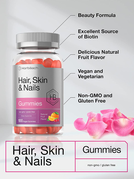 Hair Skin and Nails Gummies | 100 Count | with Biotin | Fruit Flavored Vitamins | Non-GMO, Gluten Free | by Horbaach