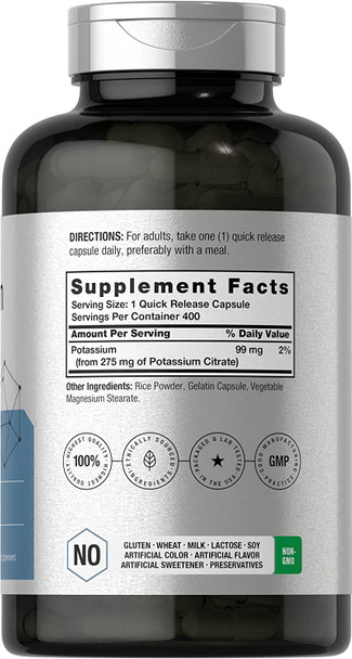 Potassium Citrate Supplement 275 mg | 400 Capsules | Non-GMO, Gluten Free | by Horbaach