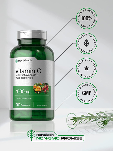 Vitamin C 1000mg | 250 Capsules | with Bioflavonoids and Rose Hips | Non-GMO, Gluten Free Supplement | High Strength Formula | by Horbaach