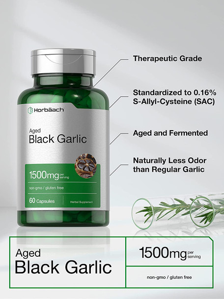 Aged Black Garlic Capsules 1500mg | 60 Count | Fermented Extract Supplement | Non-GMO, Gluten Free | by Horbaach