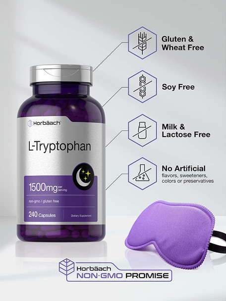 L Tryptophan 1500mg Capsules | 240 Count | Nighttime Formula | Non-GMO, Gluten Free Supplement | by Horbaach