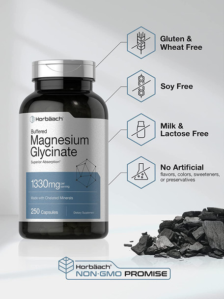 Buffered Magnesium Glycinate | 1330mg | 250 Capsules | with Chelated Minerals | Non-GMO, Gluten Free | by Horbaach