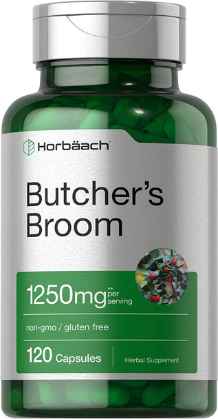 Butchers Broom Capsules 1250mg | 120 Count | Max Potency | Non-GMO, Gluten Free | Traditional Herb Root Extract Supplement | by Horbaach