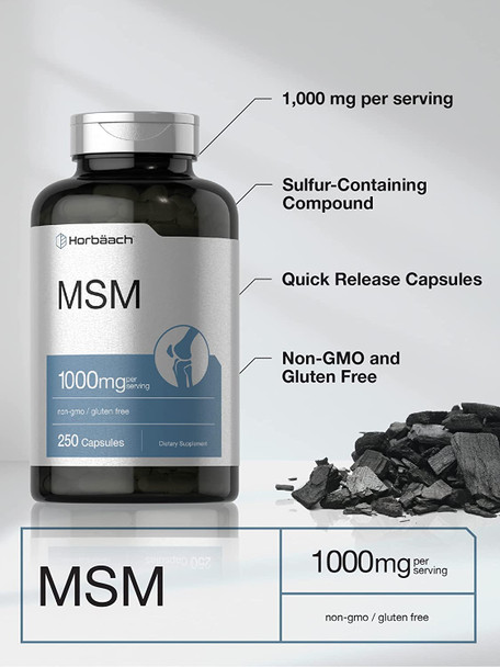 MSM Supplement Capsules | 1000mg | 250 Count | Non-GMO and Gluten Free Formula | Methylsulfonylmethane | by Horbaach