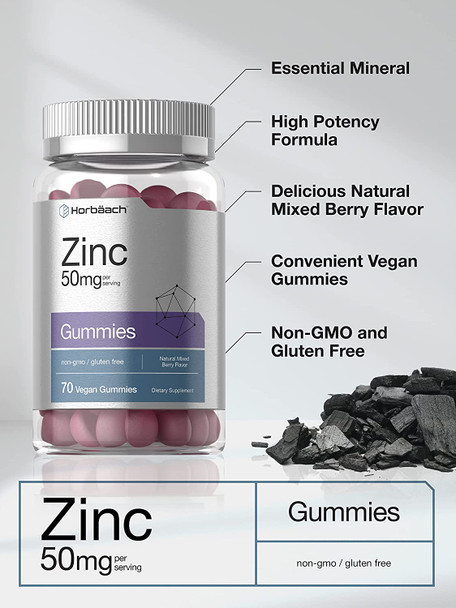 Zinc 50mg Gummies | 70 Count | Vegan, Non-GMO and Gluten Free Formula | Zinc Citrate Dietary Supplement | by Horbaach Zinc 50mg Gummies | 70 Count | Vegan, Non-GMO and Gluten Free Formula | Zinc Citrate Dietary Supplement | by Horbaach