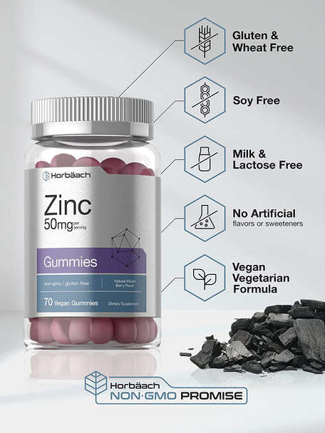 Zinc 50mg Gummies | 70 Count | Vegan, Non-GMO and Gluten Free Formula | Zinc Citrate Dietary Supplement | by Horbaach Zinc 50mg Gummies | 70 Count | Vegan, Non-GMO and Gluten Free Formula | Zinc Citrate Dietary Supplement | by Horbaach