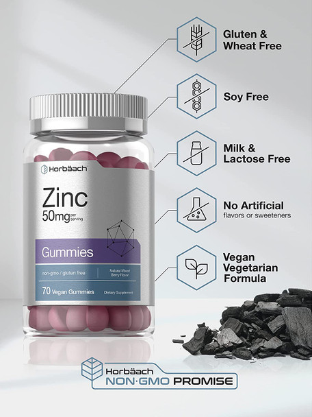 Zinc 50mg Gummies | 70 Count | Vegan, Non-GMO and Gluten Free Formula | Zinc Citrate Dietary Supplement | by Horbaach