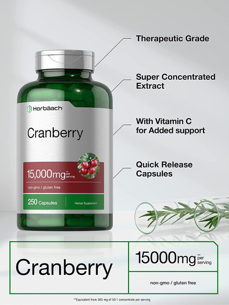 Cranberry + Vitamin C | 15,000mg | 250 Capsules | Non-GMO and Gluten Free Cranberry Pills Supplement | Concentrated Extract Formula | by Horbaach