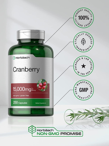 Cranberry + Vitamin C | 15,000mg | 250 Capsules | Non-GMO and Gluten Free Cranberry Pills Supplement | Concentrated Extract Formula | by Horbaach