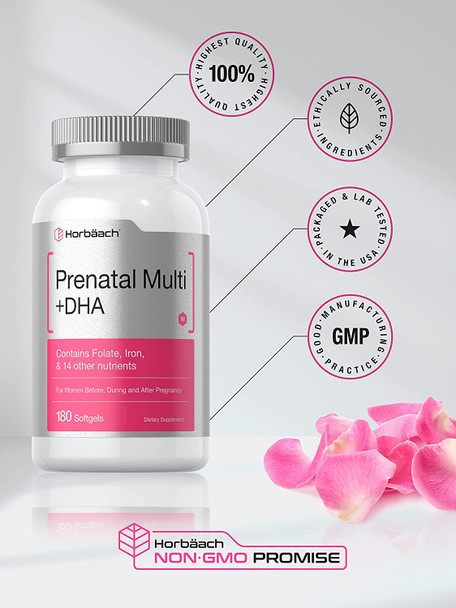 Women's Prenatal Multivitamin with DHA, Iron and Folic Acid | 180 Softgels | Non-GMO & Gluten Free | by Horbaach