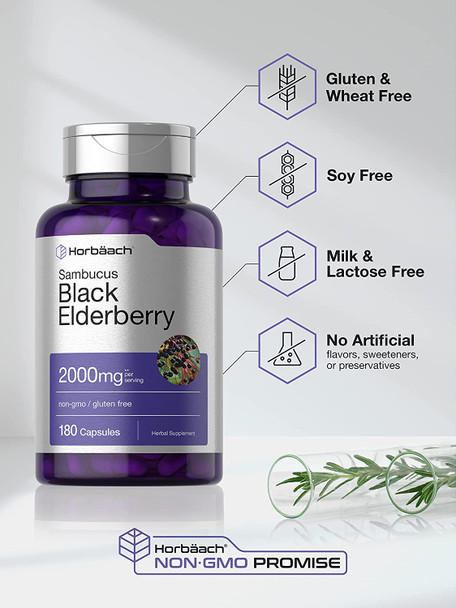 Black Elderberry | 2000mg Capsules | 180 Count | Non-GMO, Gluten Free | Sambucus Extract Supplement | by Horbaach