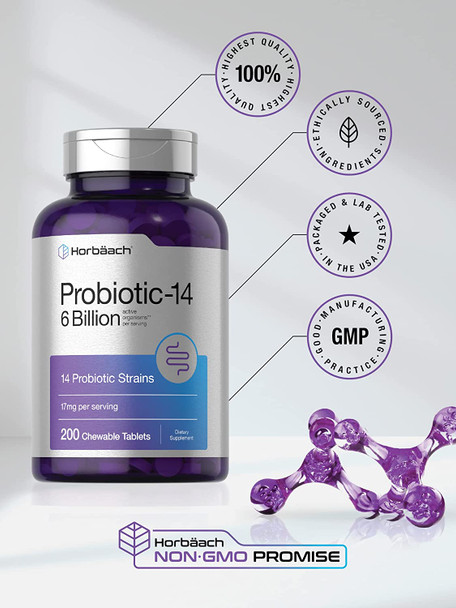 Chewable Probiotics 6 Billion CFUs | 200 Tablets | 14 Probiotic Strains | Vegetarian, Non-GMO & Gluten Free Supplement | by Horbaach