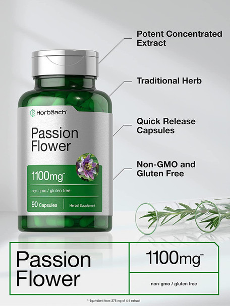 Passion Flower Capsules | 1100mg | 90 Count | Non-GMO & Gluten Free Extract Supplement | by Horbaach