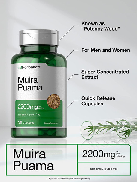 Muira Puama Extract 2200 mg | 90 Capsules | Non GMO, Gluten Free Supplement | by Horbaach
