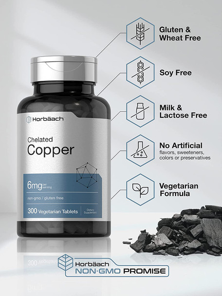 Chelated Copper Supplement 6mg | 300 Tablets | Essential Trace Mineral | Vegetarian, Non-GMO, Gluten Free | by Horbaach