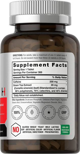 Caffeine Pills 200mg | with Green Tea | 300 Tablets | Vegetarian, Non-GMO & Gluten Free | by Horbaach