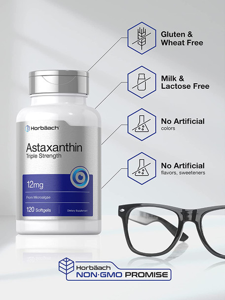 Astaxanthin 12mg | 120 Softgels | Triple Strength | Non-GMO & Gluten Free | by Horbaach