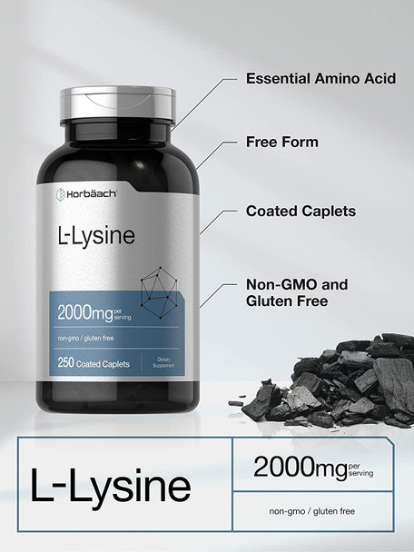 L-Lysine 2000mg | 250 Caplets | Vegetarian, Non-GMO, and Gluten Free Supplement | by Horbaach
