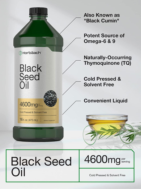 Black Seed Oil | 4600mg | 16 oz | Cold Pressed Nigella Sativa Supplement | Vegetarian, Non-GMO, Gluten Free, and Solvent Free Formula | by Horbaach