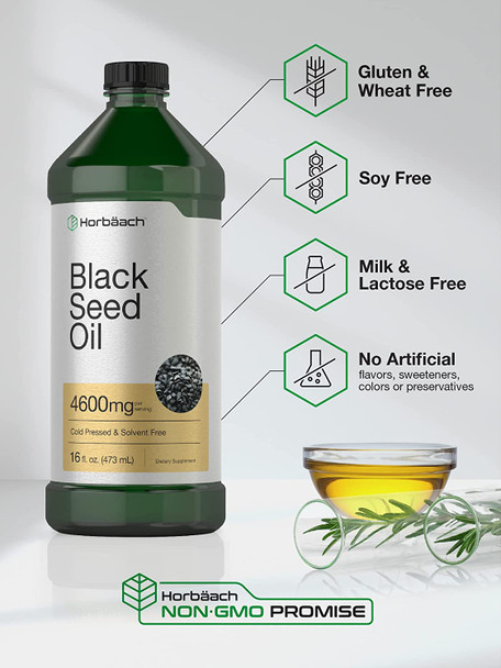 Black Seed Oil | 4600mg | 16 oz | Cold Pressed Nigella Sativa Supplement | Vegetarian, Non-GMO, Gluten Free, and Solvent Free Formula | by Horbaach