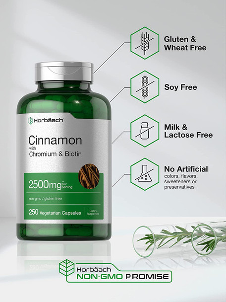 Cinnamon Capsules 2500mg | 250 Count | with Chromium & Biotin | Vegetarian, Non-GMO, Gluten Free | by Horbaach