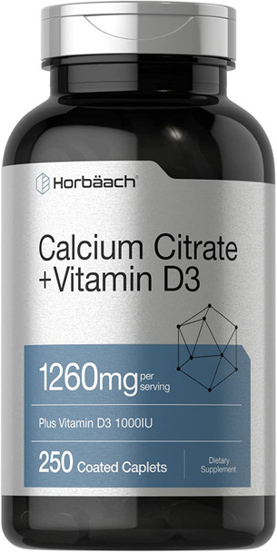 Calcium Citrate 1260 mg | with D3 1000IU | 250 Caplets | Vegetarian, Non-GMO, Gluten Free Supplement | by Horbaach