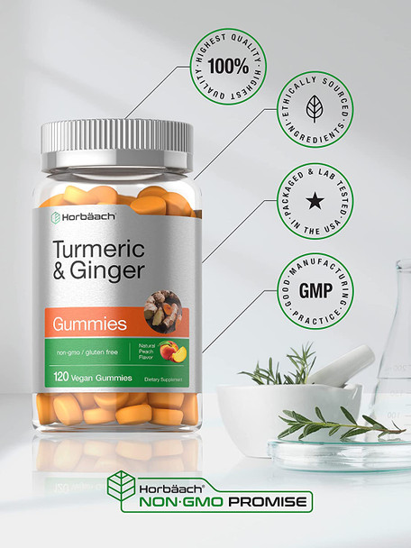 Turmeric and Ginger Gummies | 120 Count | Peach Flavor | Vegan Non-GMO & Gluten Free Supplement | by Horbaach Turmeric and Ginger Gummies | 120 Count | Peach Flavor | Vegan Non-GMO & Gluten Free Supplement | by Horbaach