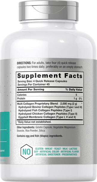 Multi Collagen Protein 2000 mg | 180 Capsules | Type I, II, III, V, X | Collagen Peptide Pills | Keto & Paleo Friendly, Gluten Free Supplement | by Horbaach