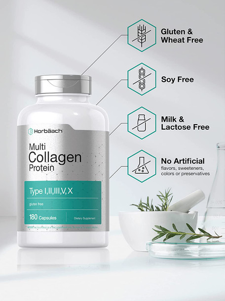 Multi Collagen Protein 2000 mg | 180 Capsules | Type I, II, III, V, X | Collagen Peptide Pills | Keto & Paleo Friendly, Gluten Free Supplement | by Horbaach