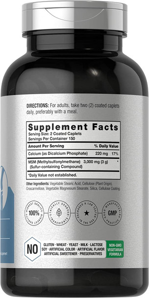 MSM Supplement | 3000mg | 300 Coated Caplets | Methylsulfonylmethane with Calcium | Vegetarian, Non-GMO, Gluten Free | by Horbaach