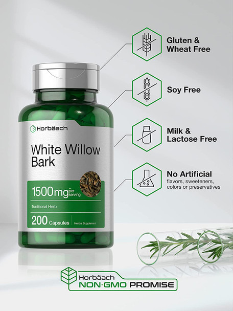 White Willow Bark Capsules | 1500mg | 200 Pills | Max Strength | Non-GMO, Gluten Free Herb Extract | by Horbaach