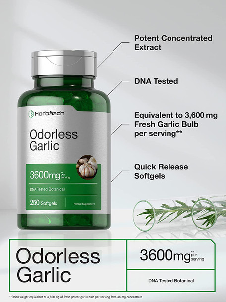 Odorless Garlic Softgels | 250 Count | Ultra Potent Garlic Extract | Non-GMO & Gluten Free Pills | by Horbaach