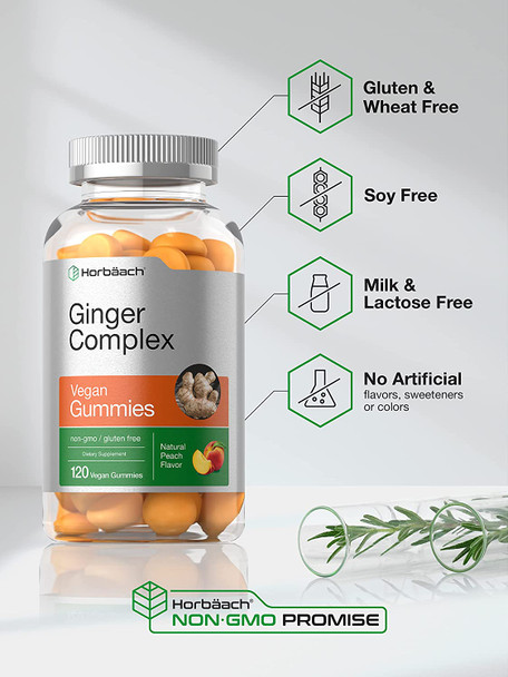 Ginger Supplement | 120 Gummies | Peach Flavor Chews | Ginger Complex with Turmeric | Vegan, Non-GMO, Gluten Free | by Horbaach