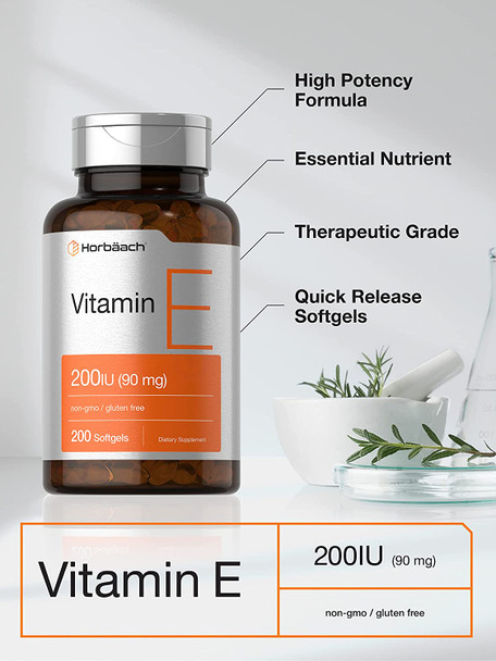 Vitamin E Supplement | 200 IU (90 mg) | 200 Softgel Capsules | Non-GMO and Gluten Free Formula | by Horbaach