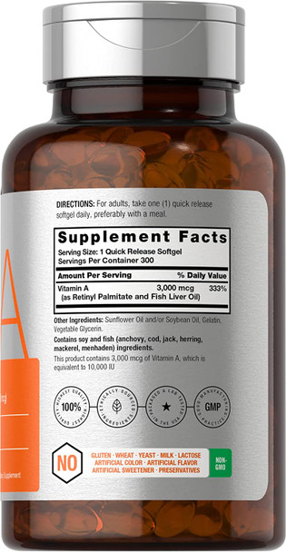Vitamin A 10000 IU Softgels | 300 Count | Non-GMO, Gluten Free Supplement | by Horbaach