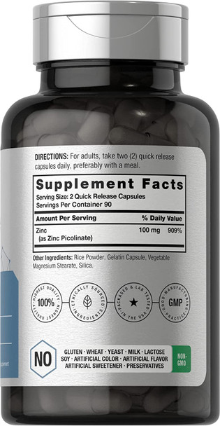 Zinc Picolinate 100mg | 180 Capsules | High Potency | Non-GMO, Gluten Free | Zinc Supplement | by Horbaach